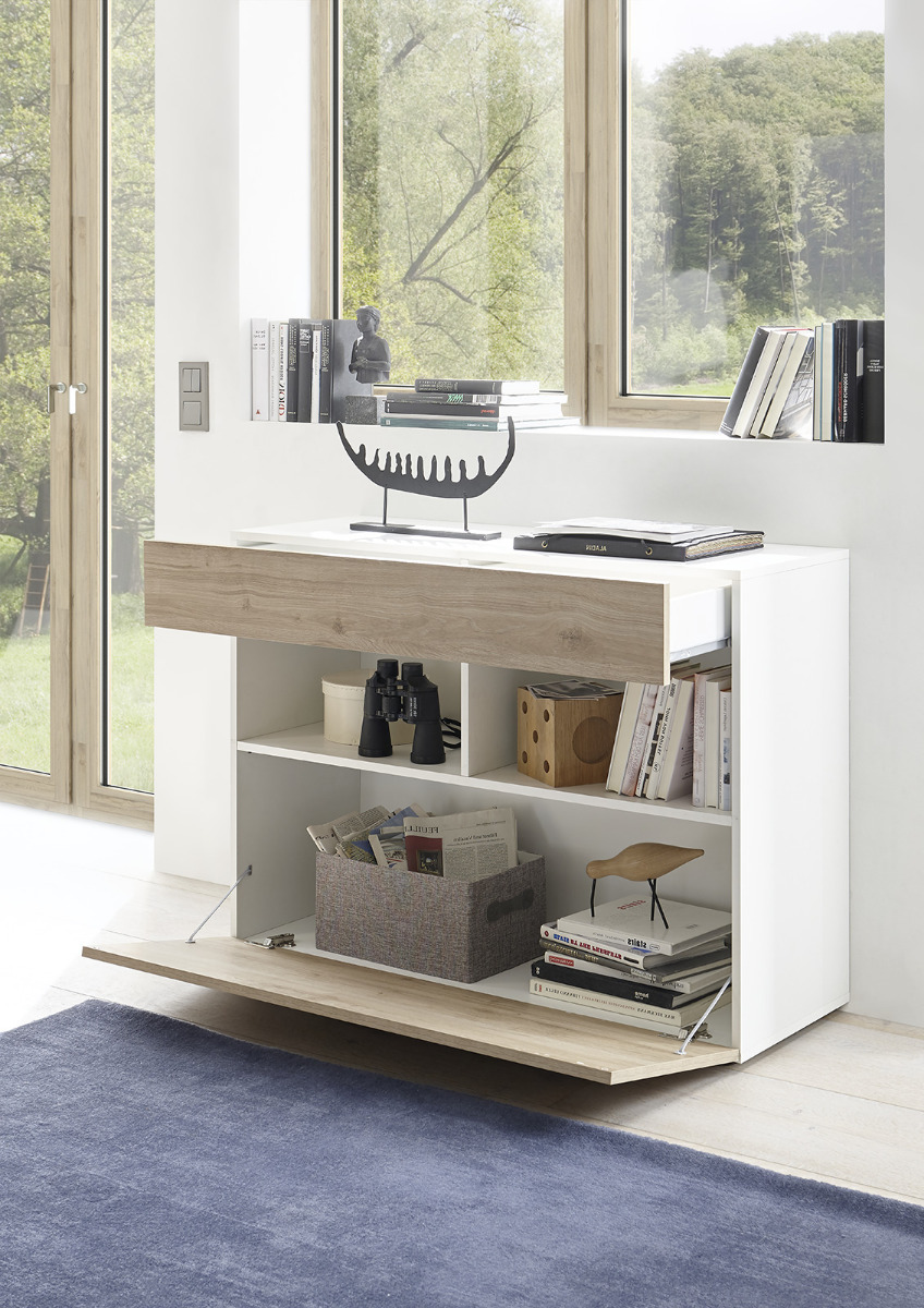 Madia moderna, 1 anta ribalta 1 cassetto, finitura Bianco laccato lucido e Rovere cadiz