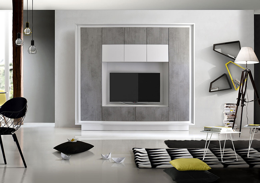 Soggiorno Zenzero, parete attrezzata Bianco Opaco e Beton