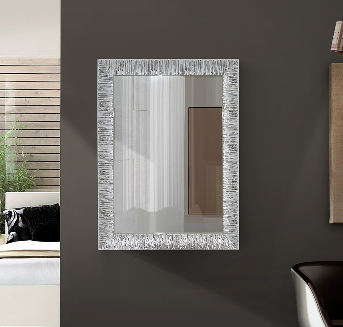 Specchiera in legno da ingresso, soggiorno o bagno, finitura Argento