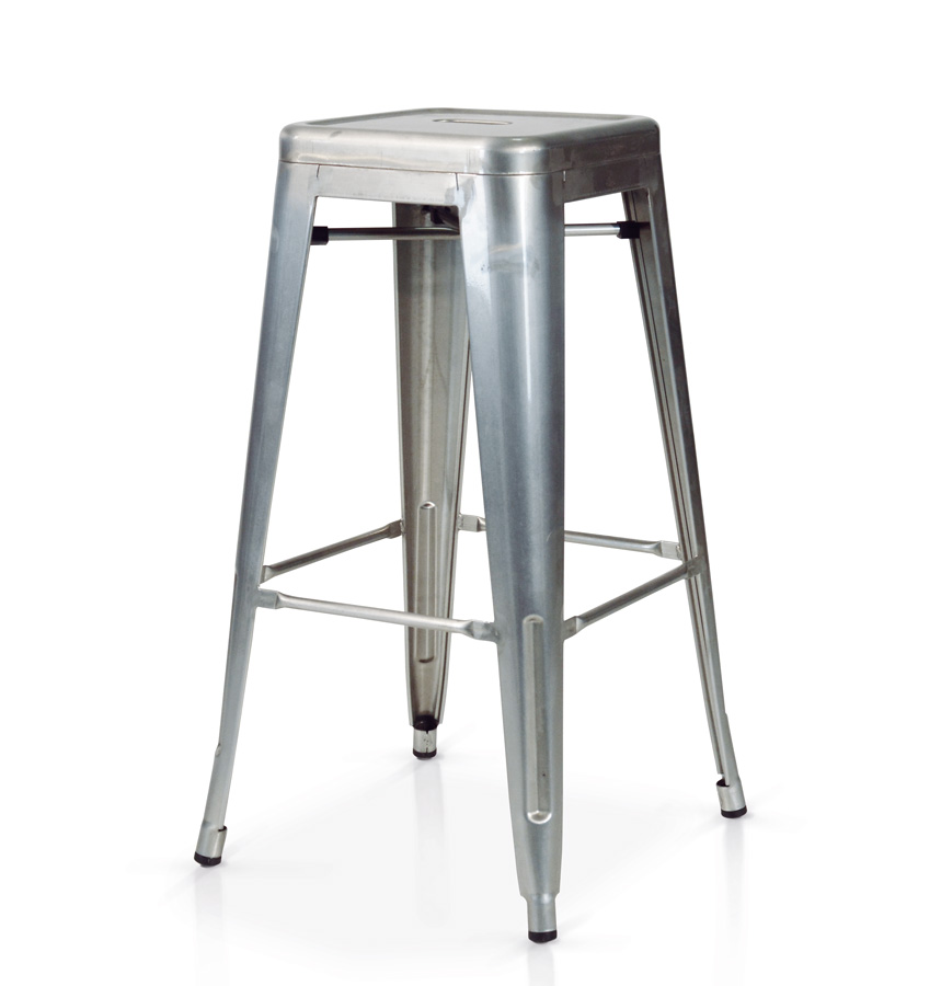 Sgabello alto in lamiera, colore argento. Stile Industry