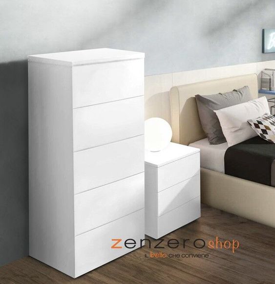 Composizione Settimino e Comodino per camerette, finitura Bianca