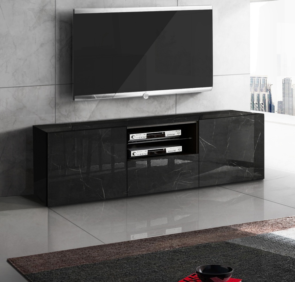 Composizione in Marmo Lucido nero formata da Porta TV e Vetrina di lusso