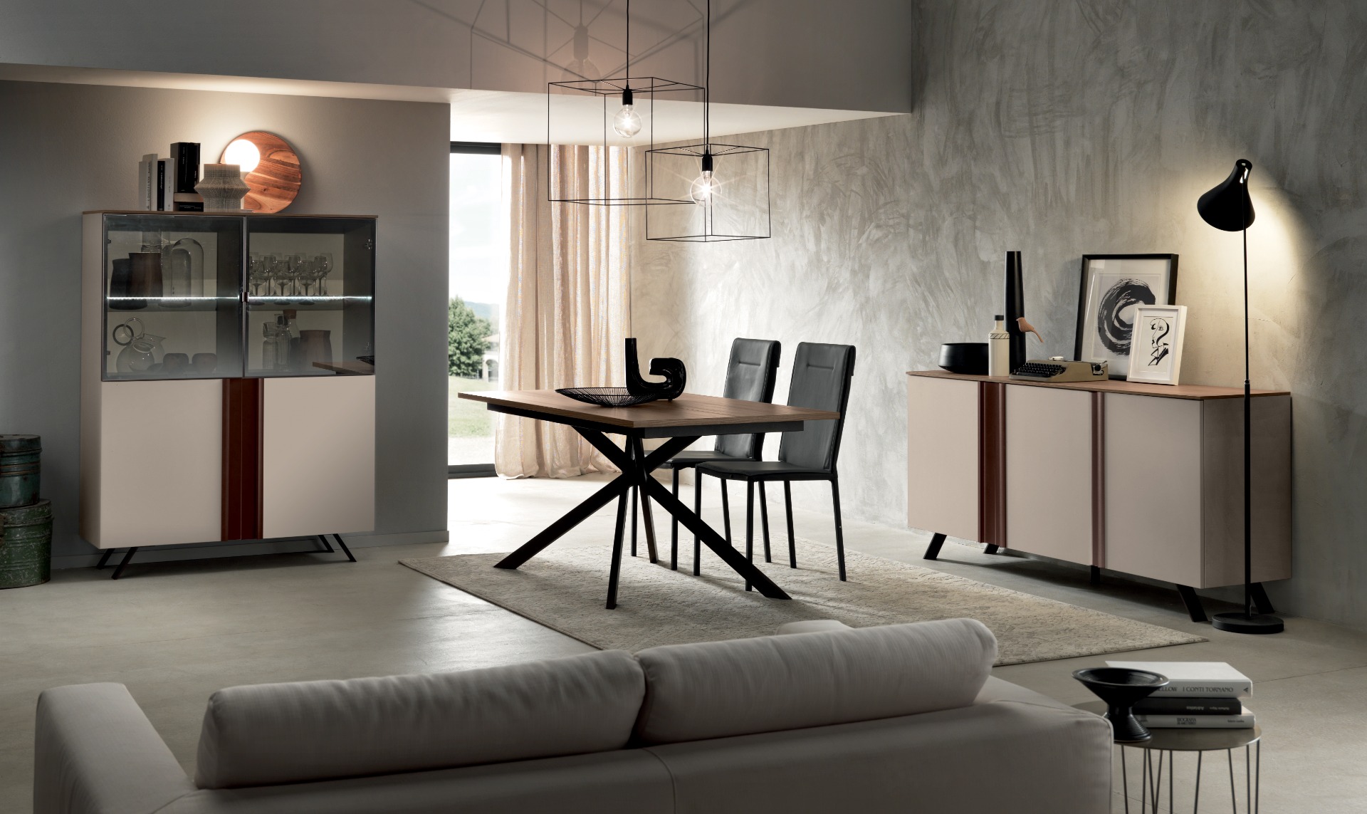 Madia contenitore Monteynard con 2 ante di vetro + 2 ante con maniglia a gola