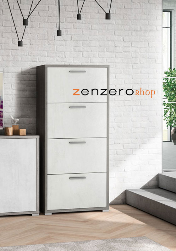 Scarpiera moderna con 4 ante a ribalta, Ossido bianco e Cemento