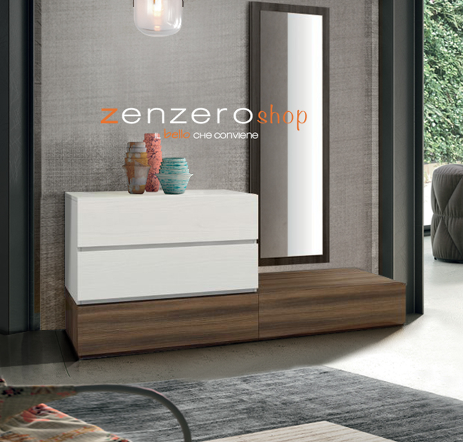 Comò particolare largo con 4 cassetti di alta qualità in finitura Frassinato bianco e Quercia Brown