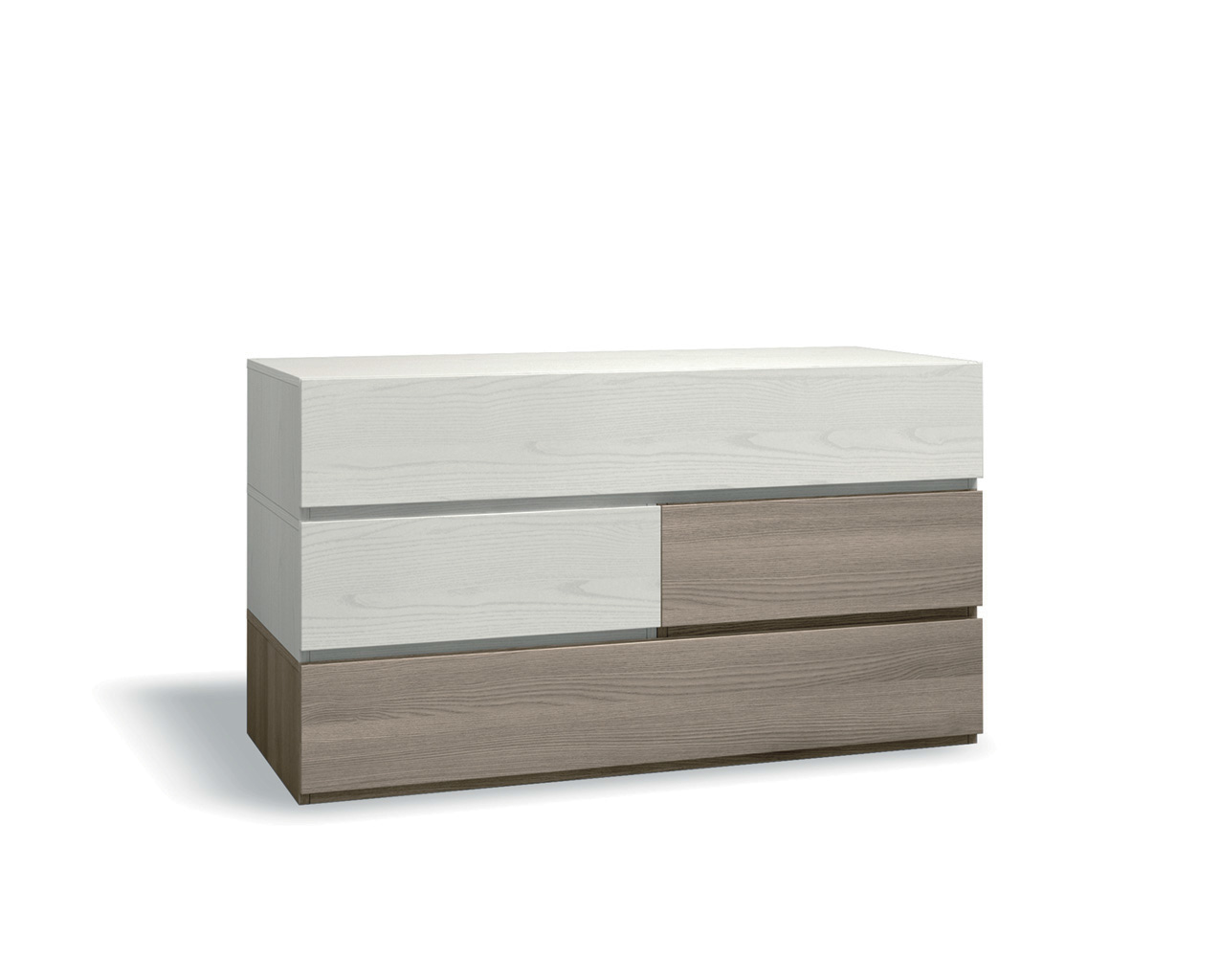 Comò largo Bicolor con 4 cassetti di alta qualità in Frassinato bianco e Olmo 