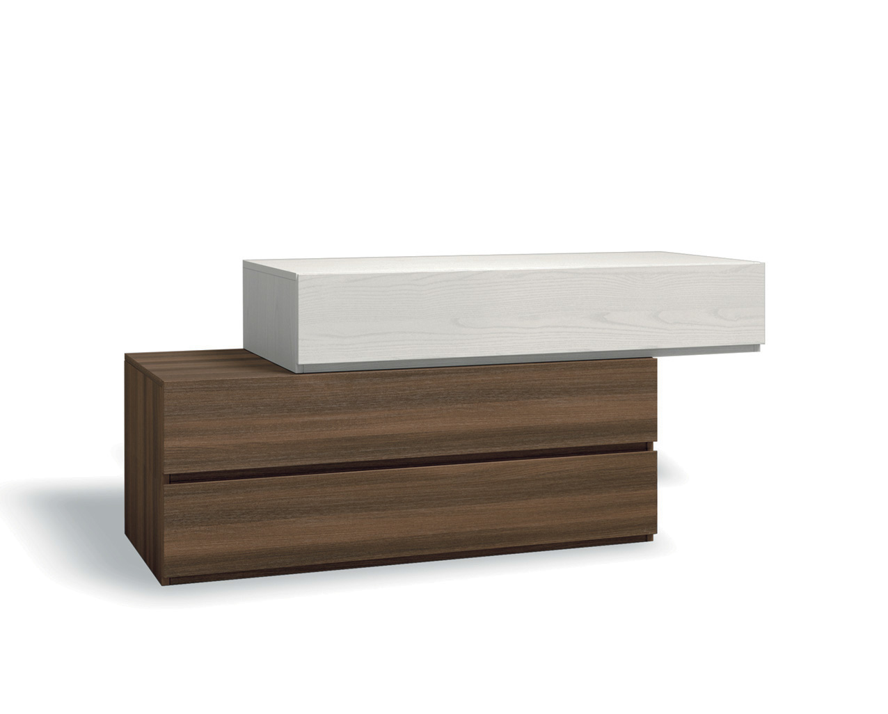 Comò particolare largo con 3 cassetti sfalsati di alta qualità in finitura Frassinato bianco e Quercia brown