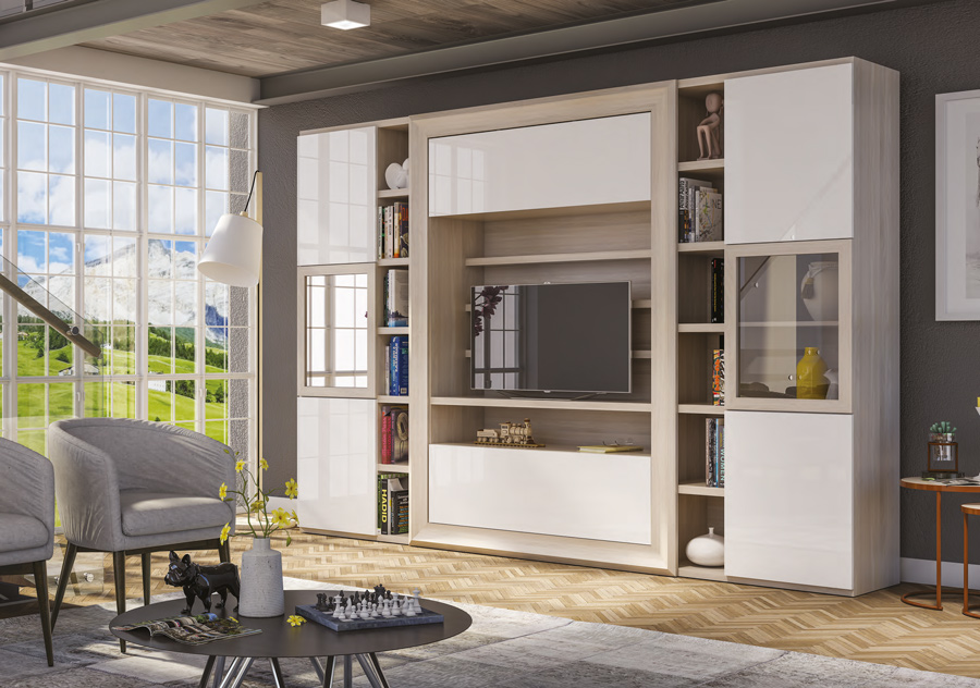 Parete attrezzata di grandi dimensioni, finitura Olmo Perla e Bianco Lucido, con antine centrali in vetro, made in Italy