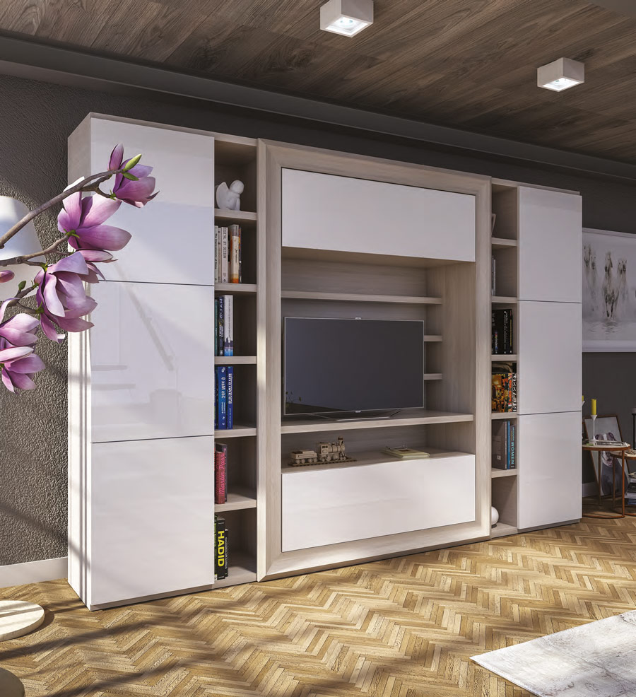 Parete attrezzata di grandi dimensioni, colore struttura Olmo Perla, finitura frontali Bianco Lucido, made in Italy