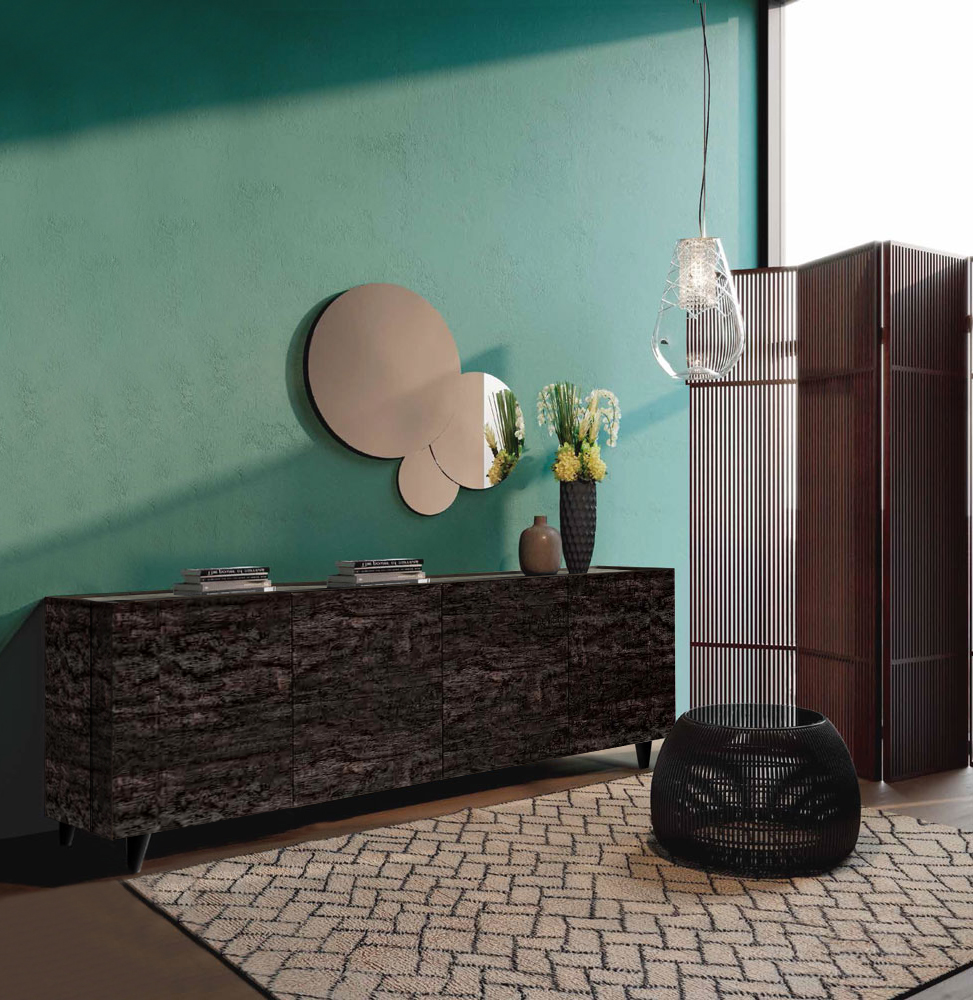 Madia 4 ante bifacciale con apertura 180°, finitura Legno Bruciato e Ardesia chiara