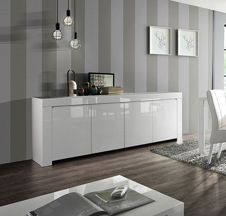 Credenza Moderna, Madia di Design, 4 ante, colore Bianco Lucido