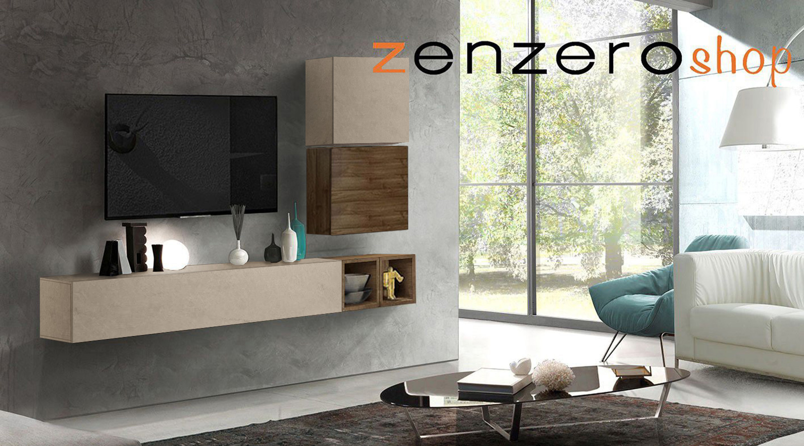 Soggiorno Zenzero moderno, parete attrezzata moderna con pensili in finitura, Mercure, Noce Dark e Argilla