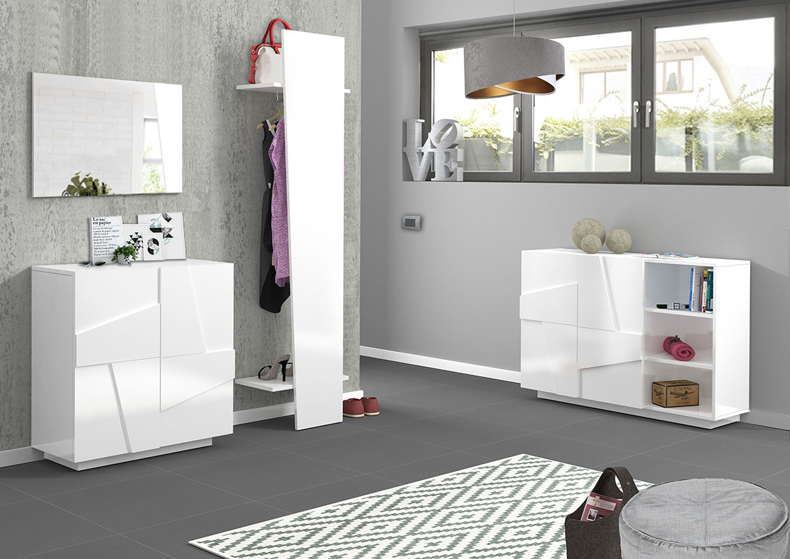 Ingresso moderno con scarpiera, appendiabiti e madia in finitura Bianco lucido