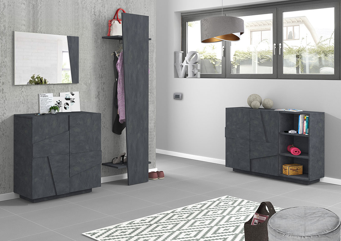 Ingresso moderno con scarpiera, appendiabiti e madia in finitura Ardesia