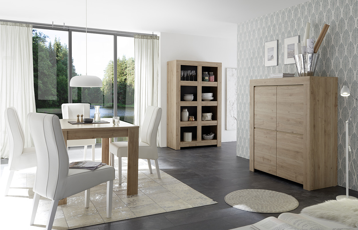 Sala di design composta da Madia alta, Libreria e Tavolo, finitura Rovere Cadiz