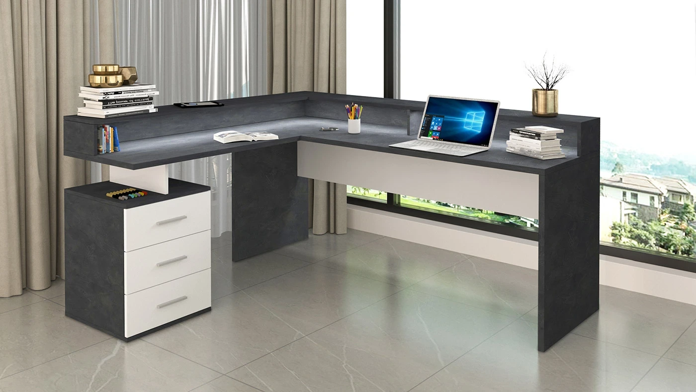 Scrivania angolare 3 cassetti, 180/160x90x60 h cm, Bianco laccato lucido e Ardesia