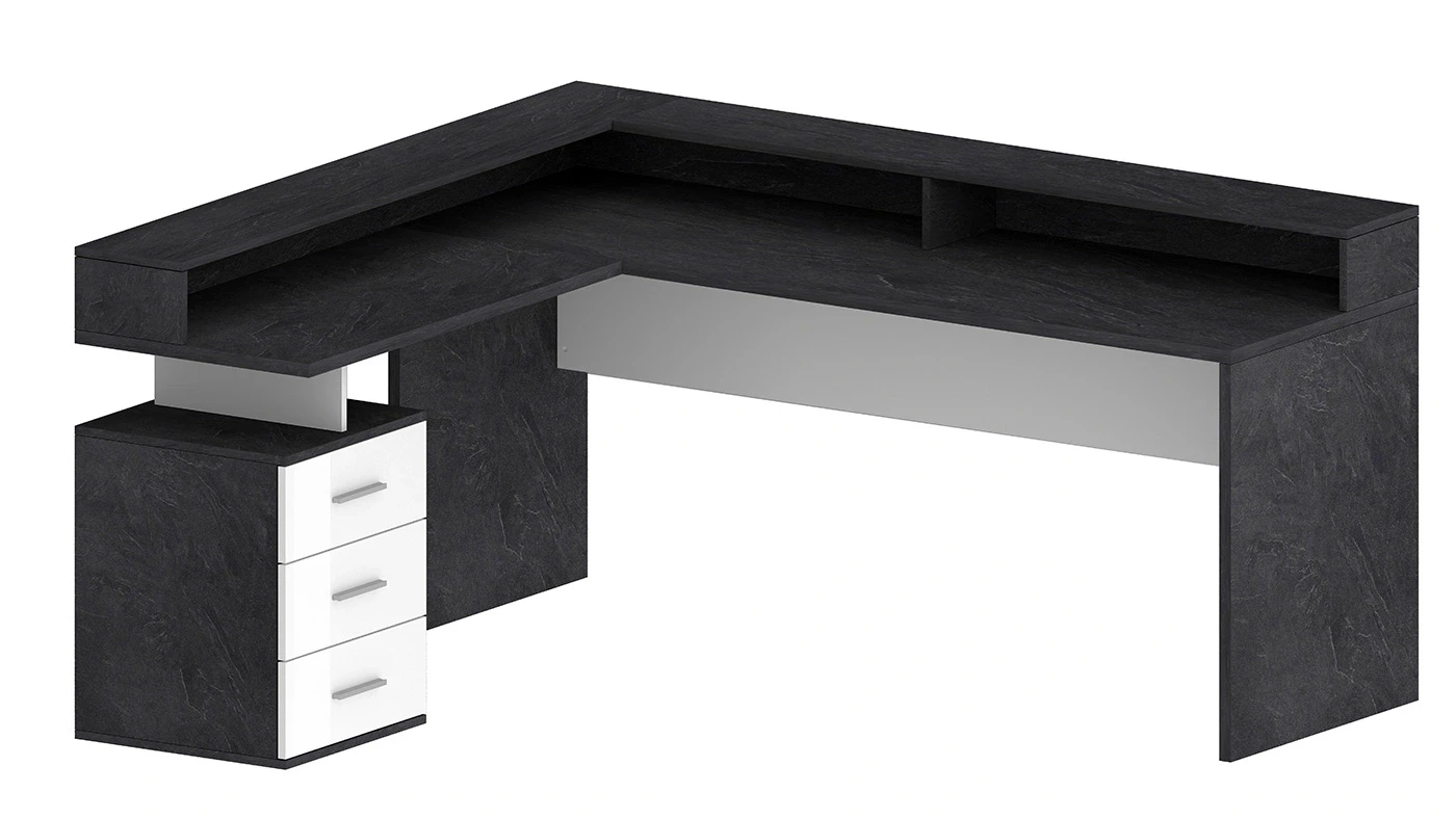 Scrivania angolare 3 cassetti, 180/160x90x60 h cm, Bianco laccato lucido e Ardesia