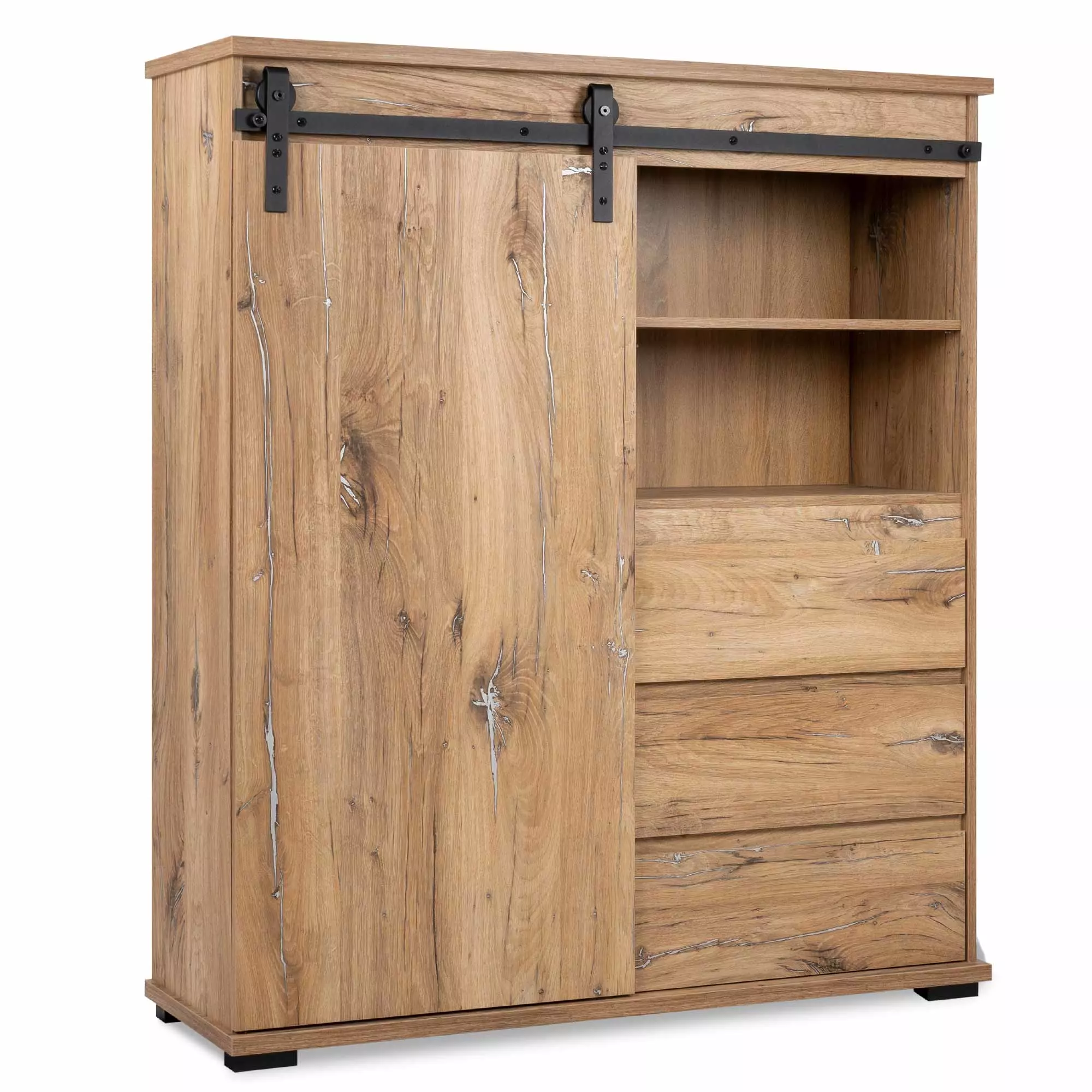 Madia alta Tromso con 1 anta e 3 cassetti in finitura Rovere anticato