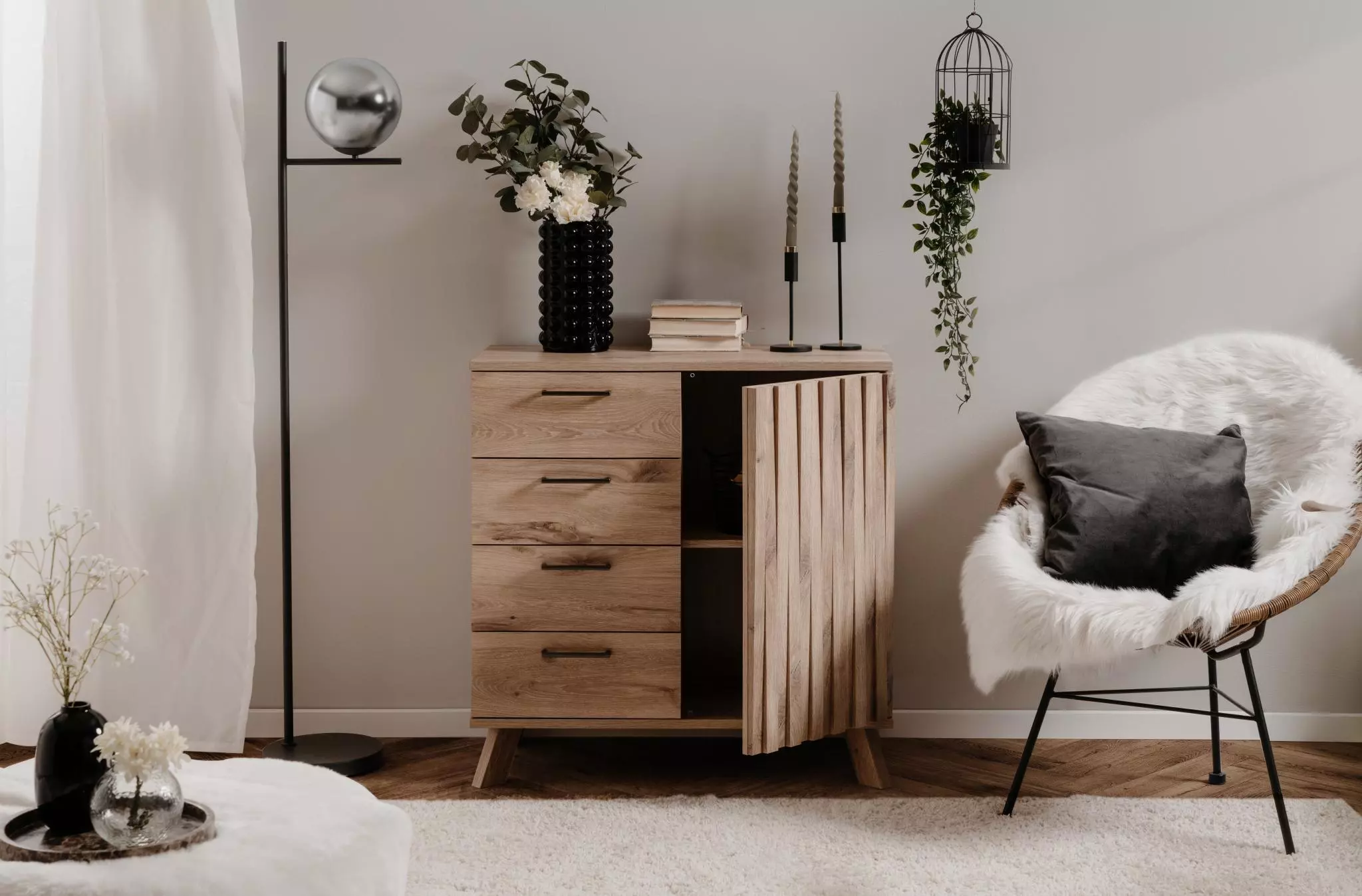 Credenza 1 anta e 4 cassetti finitura Quercia del Nord