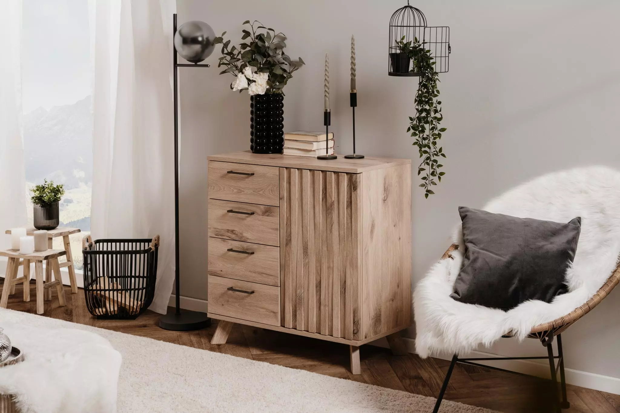 Credenza 1 anta e 4 cassetti finitura Quercia del Nord