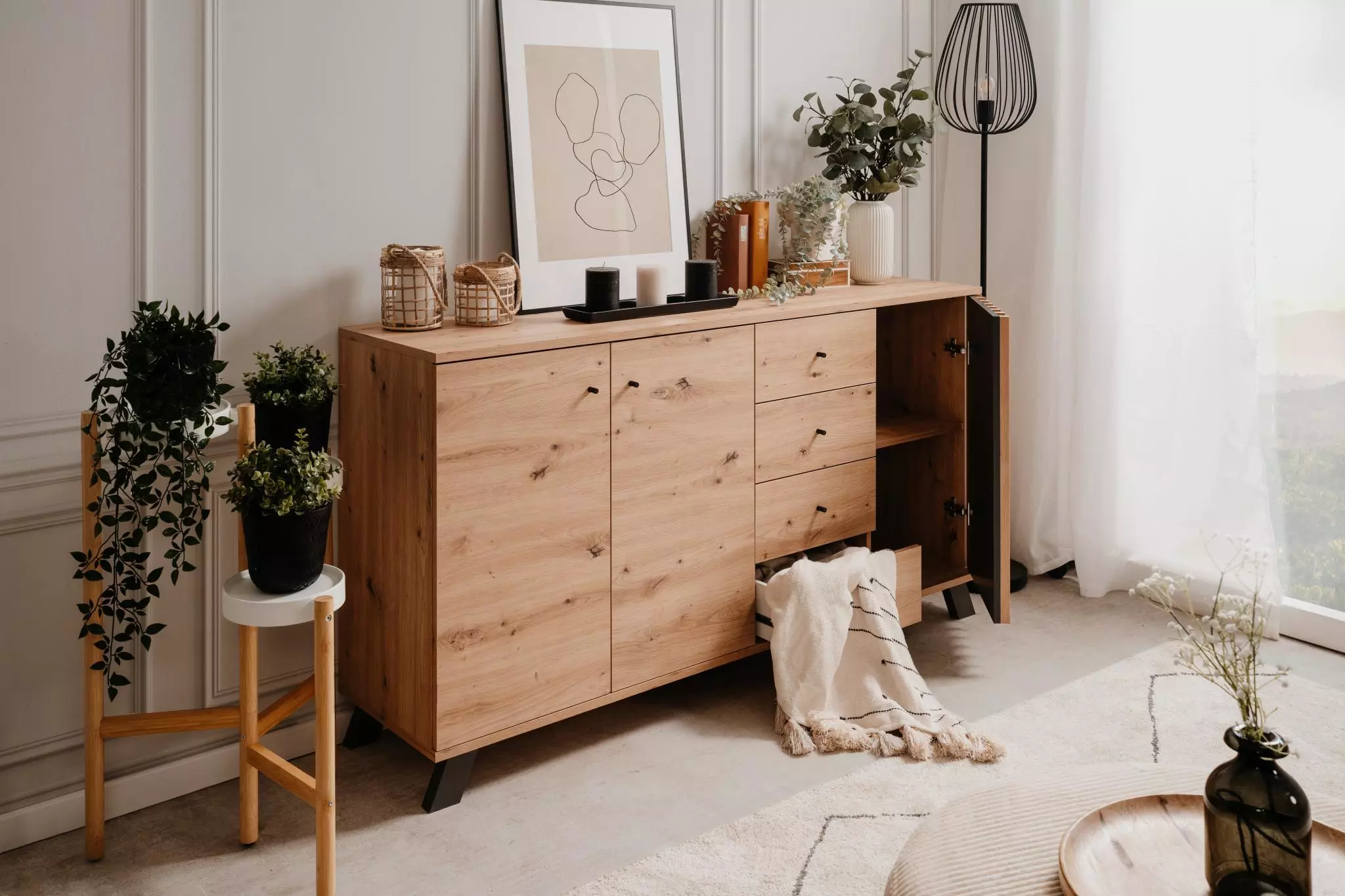 Madia 3 ante e 4 cassetti, finitura Rovere Oak e Antracite 