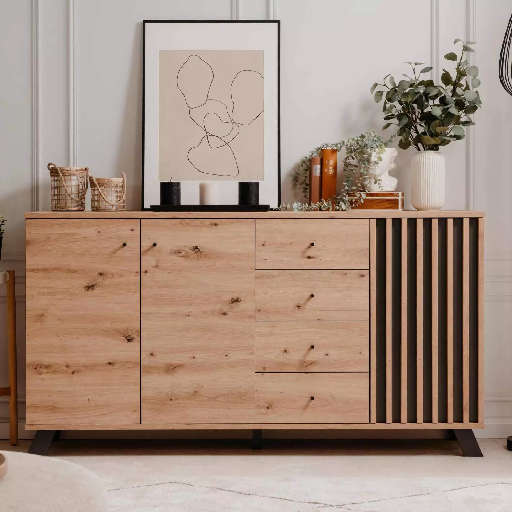 Madia 3 ante e 4 cassetti, finitura Rovere Oak e Antracite 