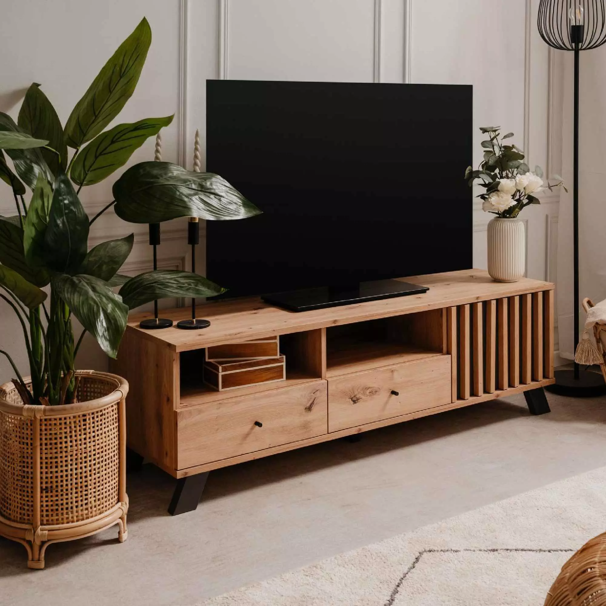 Porta TV nordico, finitura Rovere Oak e Antracite in offerta