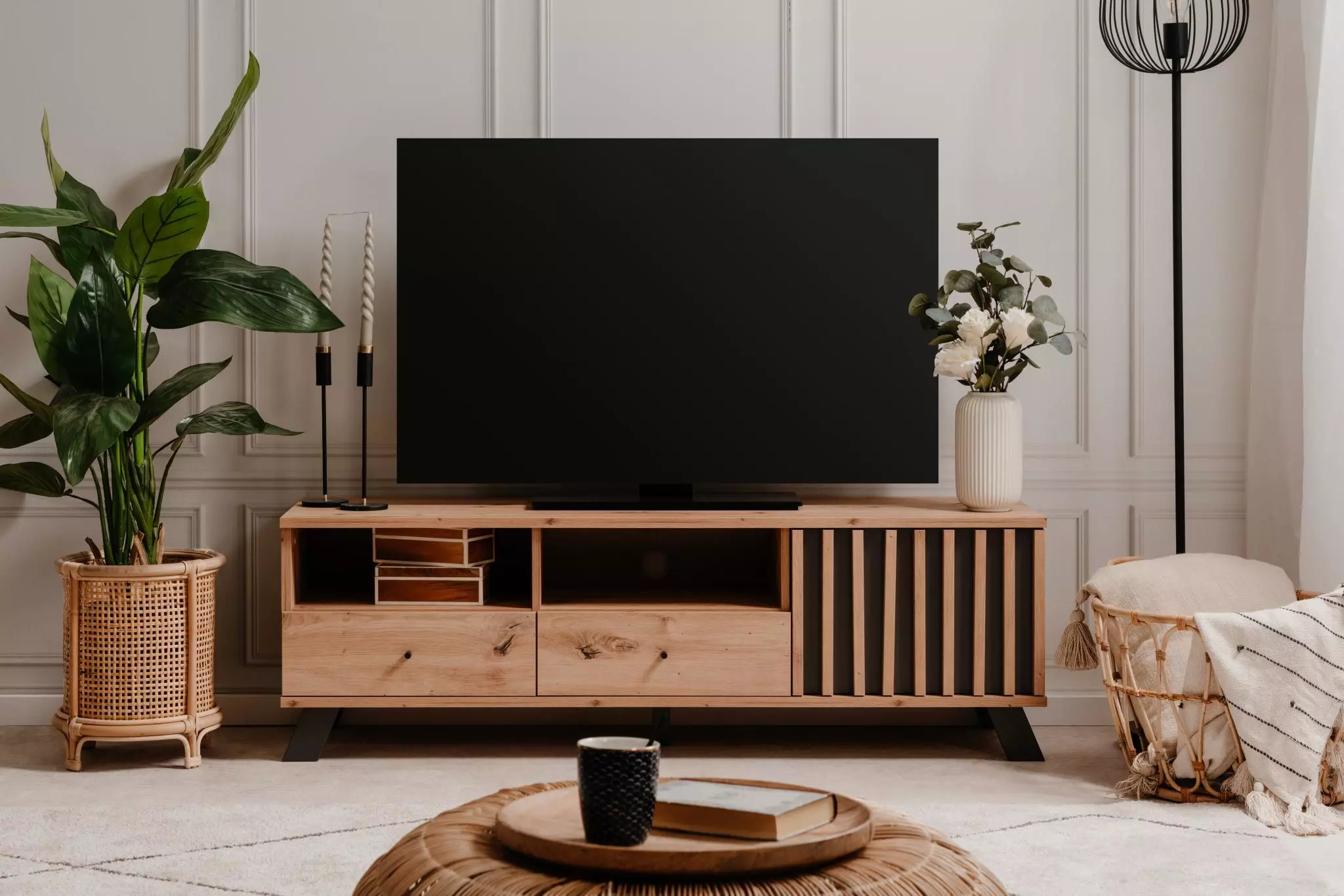 Porta TV nordico, finitura Rovere Oak e Antracite in offerta