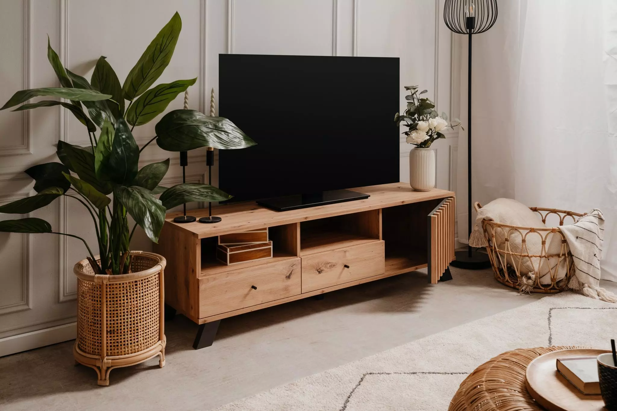 Porta TV nordico, finitura Rovere Oak e Antracite in offerta