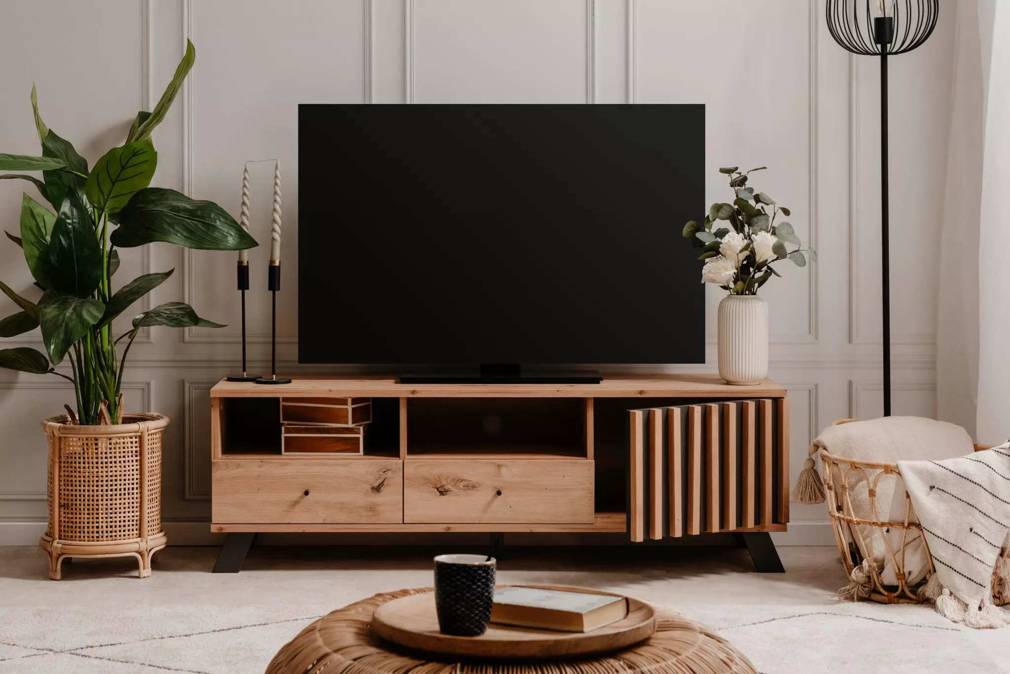 Porta TV nordico, finitura Rovere Oak e Antracite in offerta