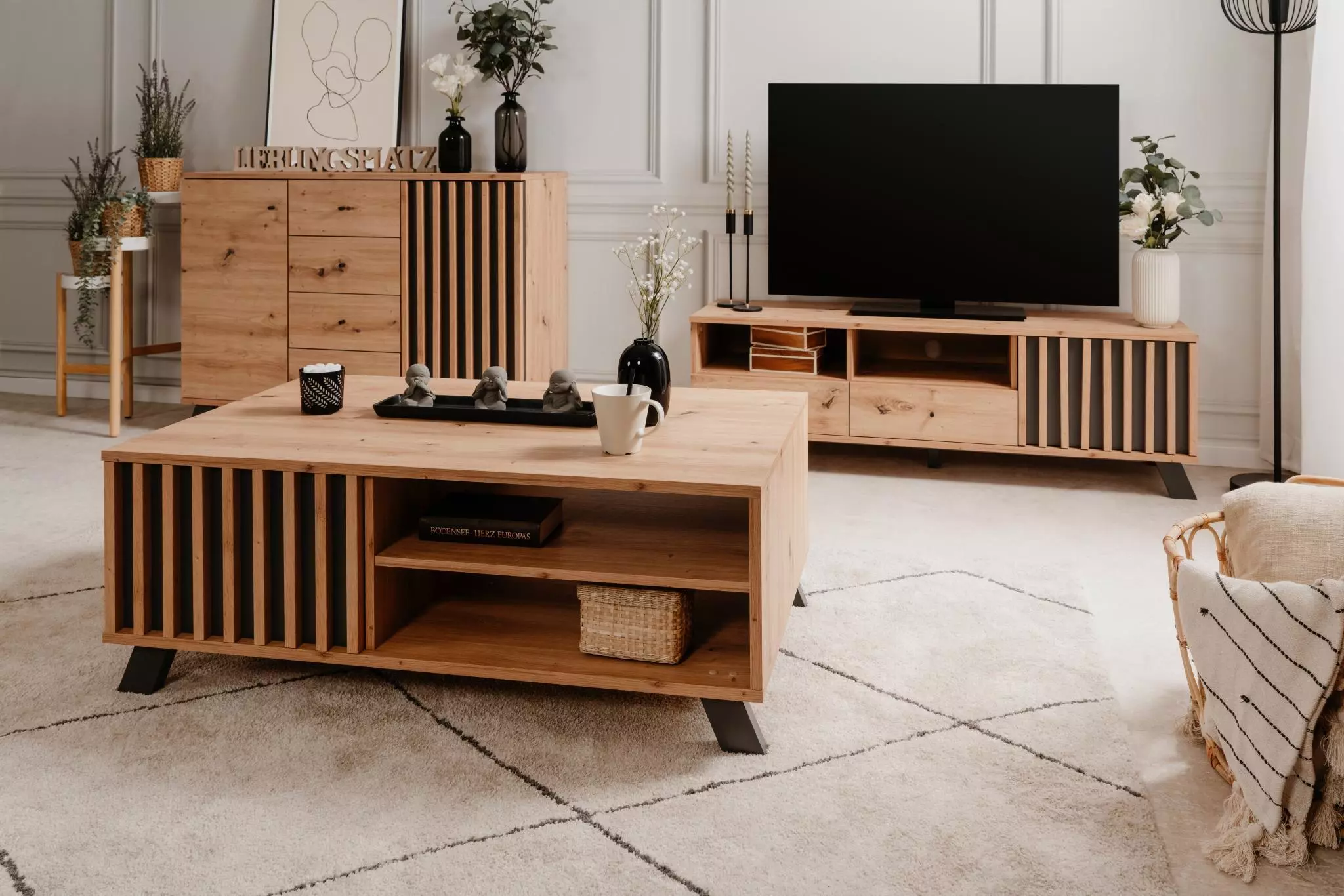 Nuovo Soggiorno completo stile nordico, finitura Rovere Oak e Antracite 