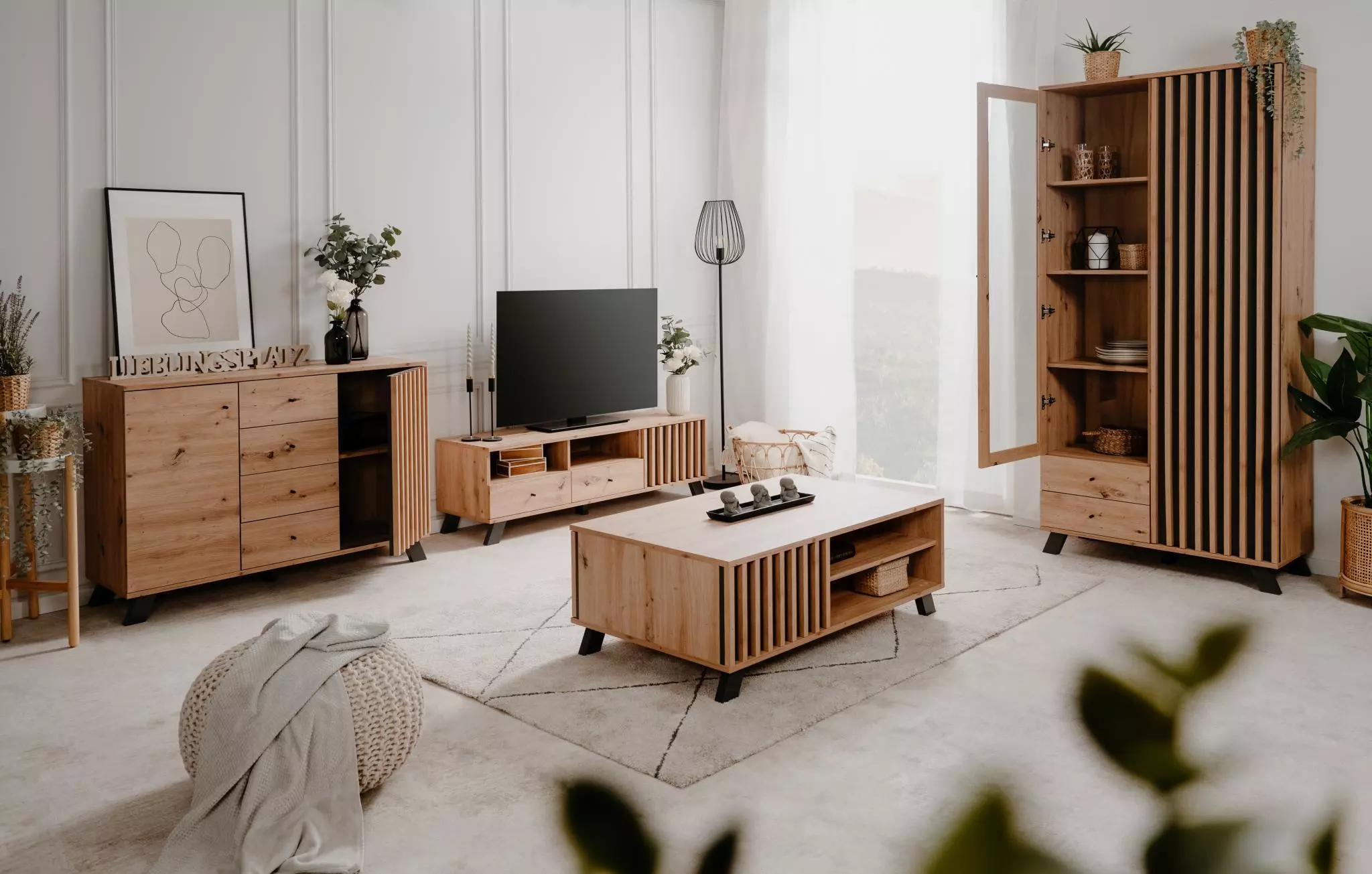 Nuovo Soggiorno completo stile nordico, finitura Rovere Oak e Antracite 