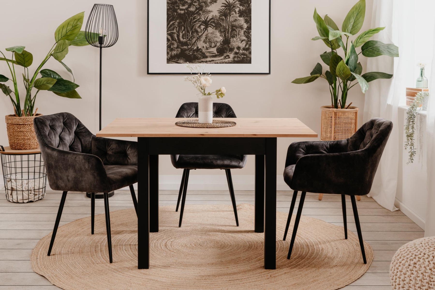 Tavolo allungabile stile nordico, finitura Rovere oak e Nero