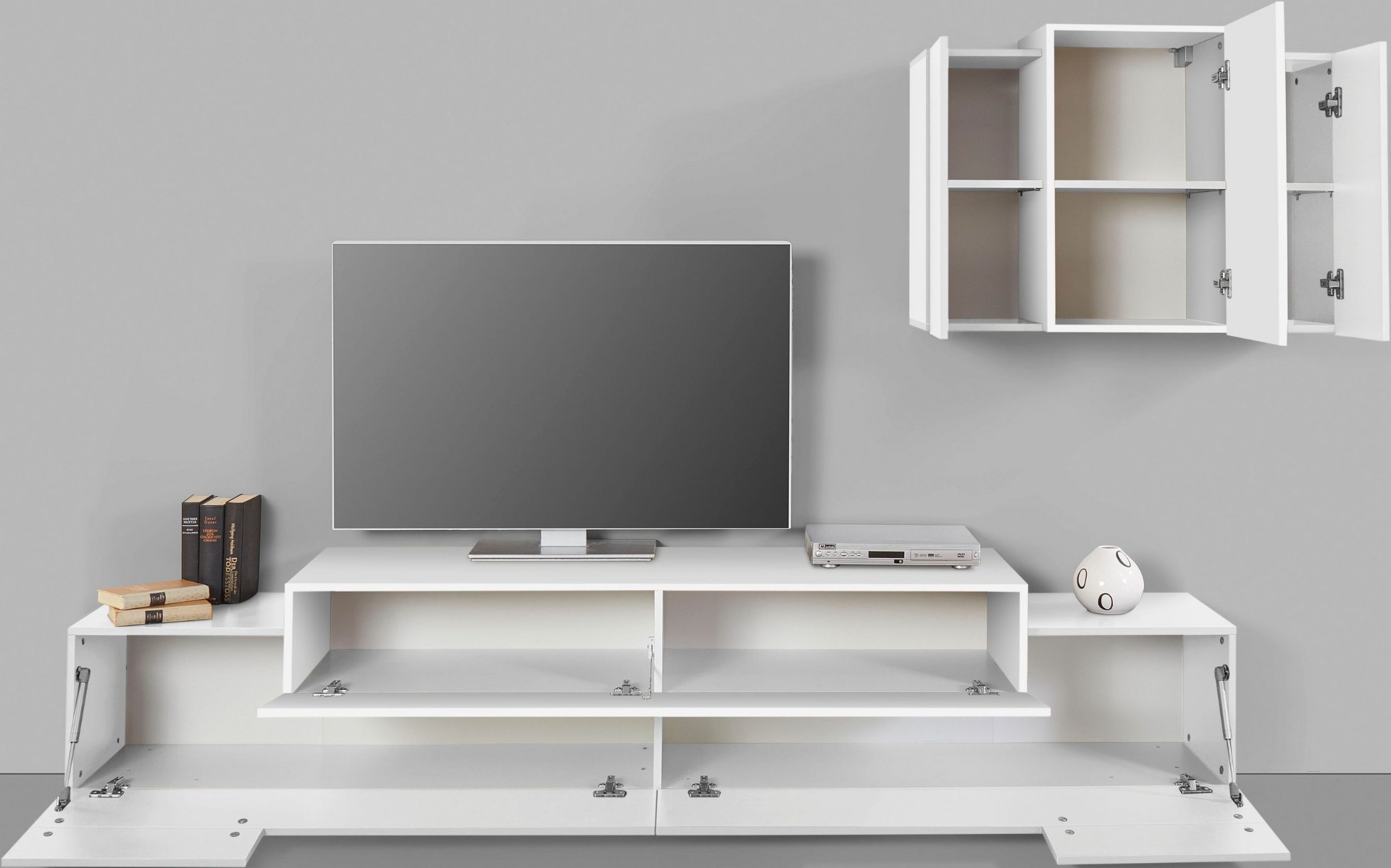 Mobile Porta TV moderno L.240 cm con pensile sospeso in finitura Bianco