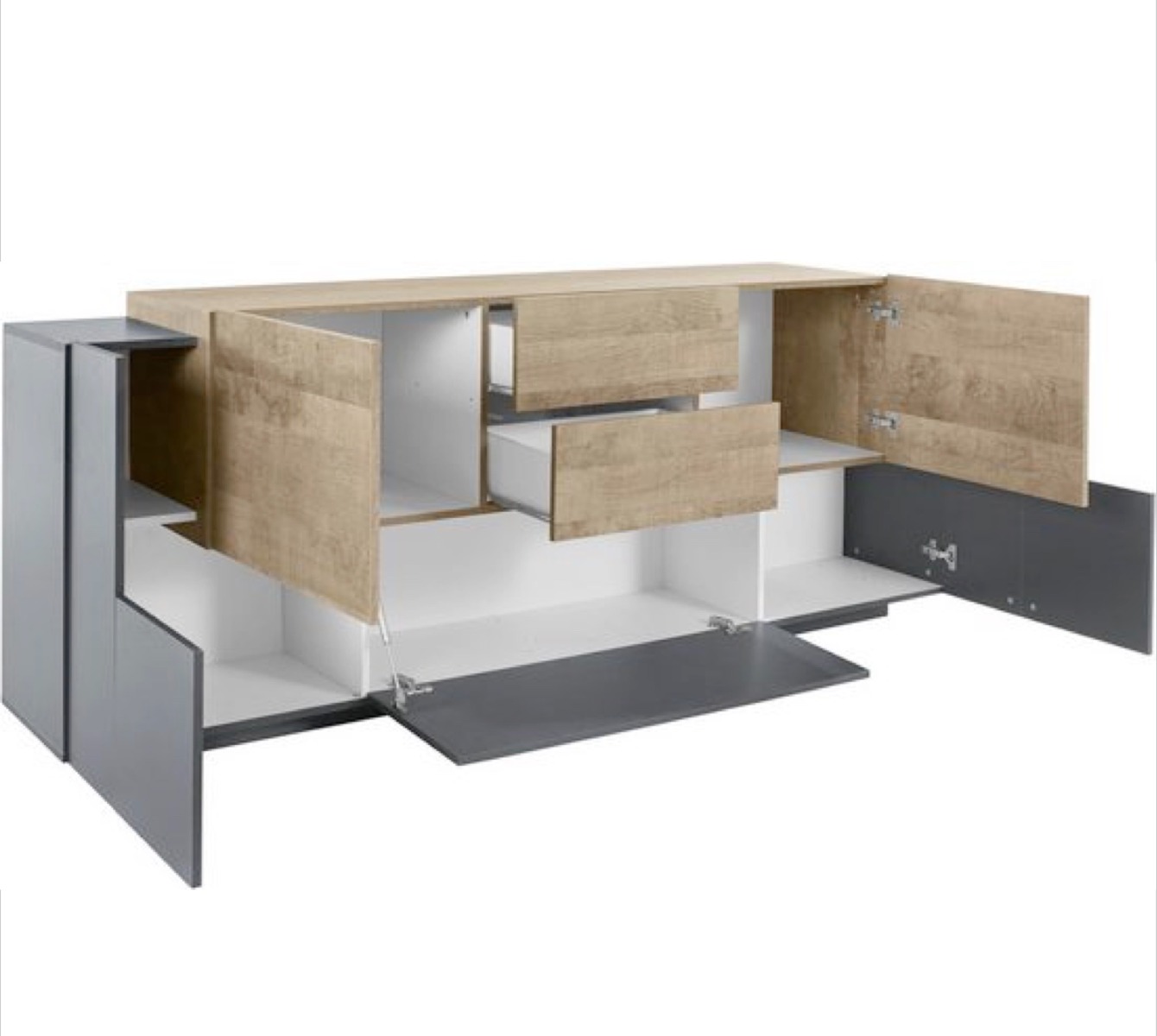 Credenza Made in Italy 5 ante e 2 cassetti, finitura Antracite e Oak