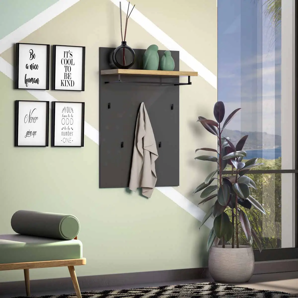 Appendiabiti moderno, finitura Antracite lucido e Rovere miele, Made in Italy