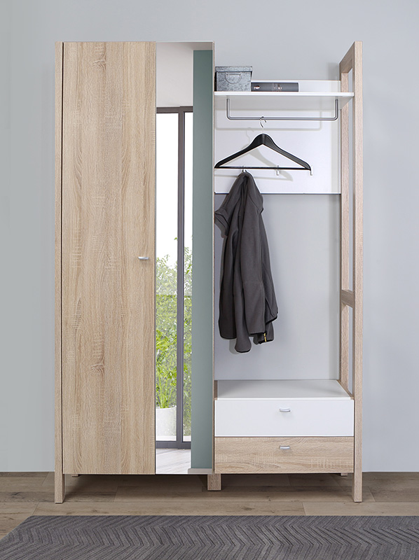 Mobile ingresso con armadietto e appendiabiti, finitura Rovere e Bianco