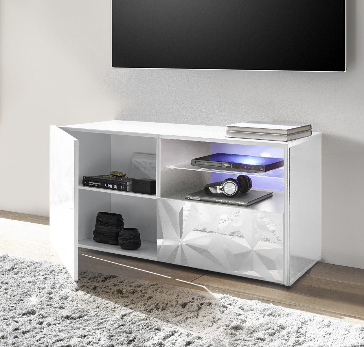 Base porta TV, 1 ante 1 cassetto, bianco laccato lucido con serigrafia prismatica
