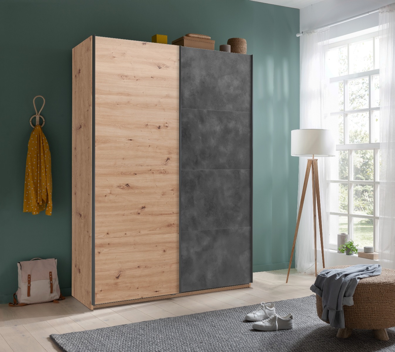 Armadio L.150 con 2 ante scorrevoli in finitura Rovere e Grigio smoke Zenzero Shop