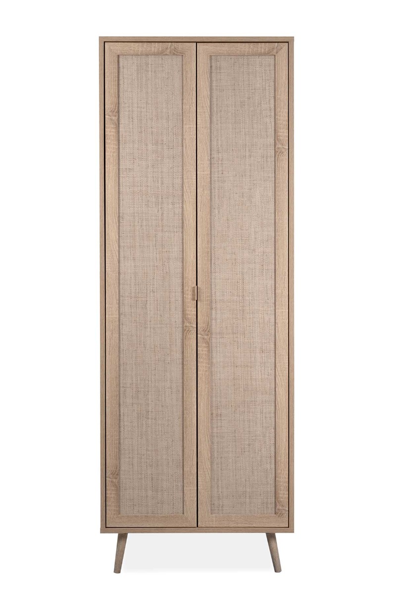 Armadietto Kara multiuso con 2 ante e 6 ripiani, in finitura Quercia ed effetto Rafia