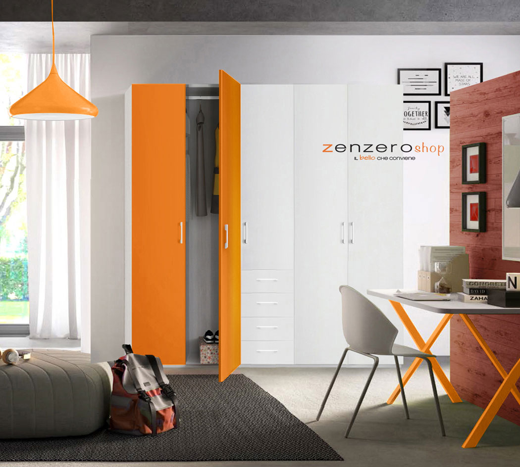 Armadio H.195 con 5 ante battenti e 4 cassetti in finitura Bianco e Arancio LACCATO 