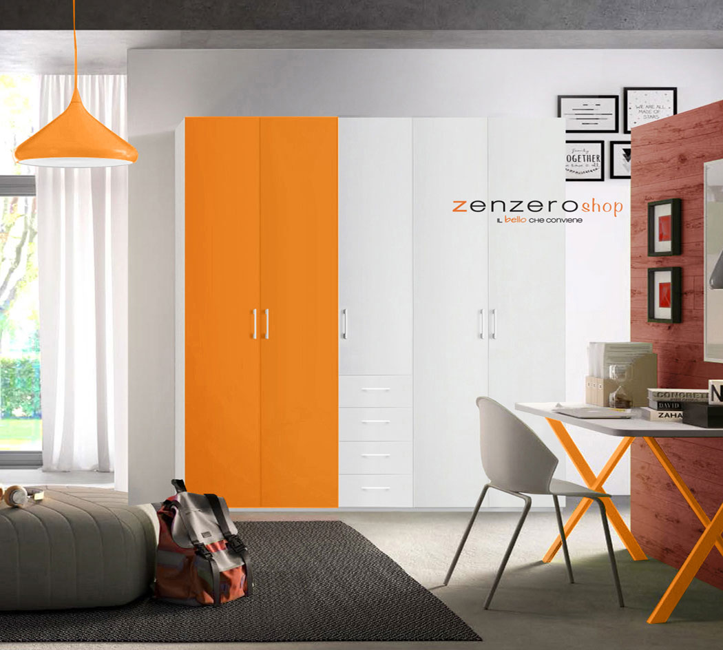 Armadio H.195 con 5 ante battenti e 4 cassetti in finitura Bianco e Arancio LACCATO 