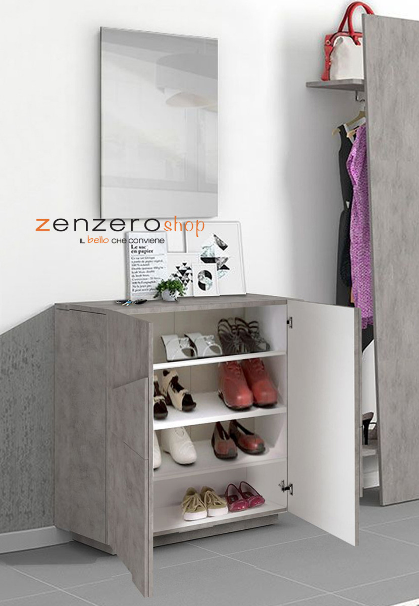 Scarpiera a 2 ante con disegni geometrici in finitura Beton