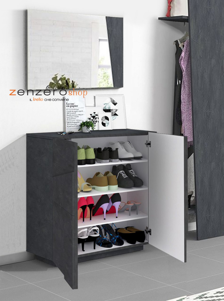 Moderna Scarpiera a 2 ante con disegni geometrici in finitura Ardesia, Made in Italy