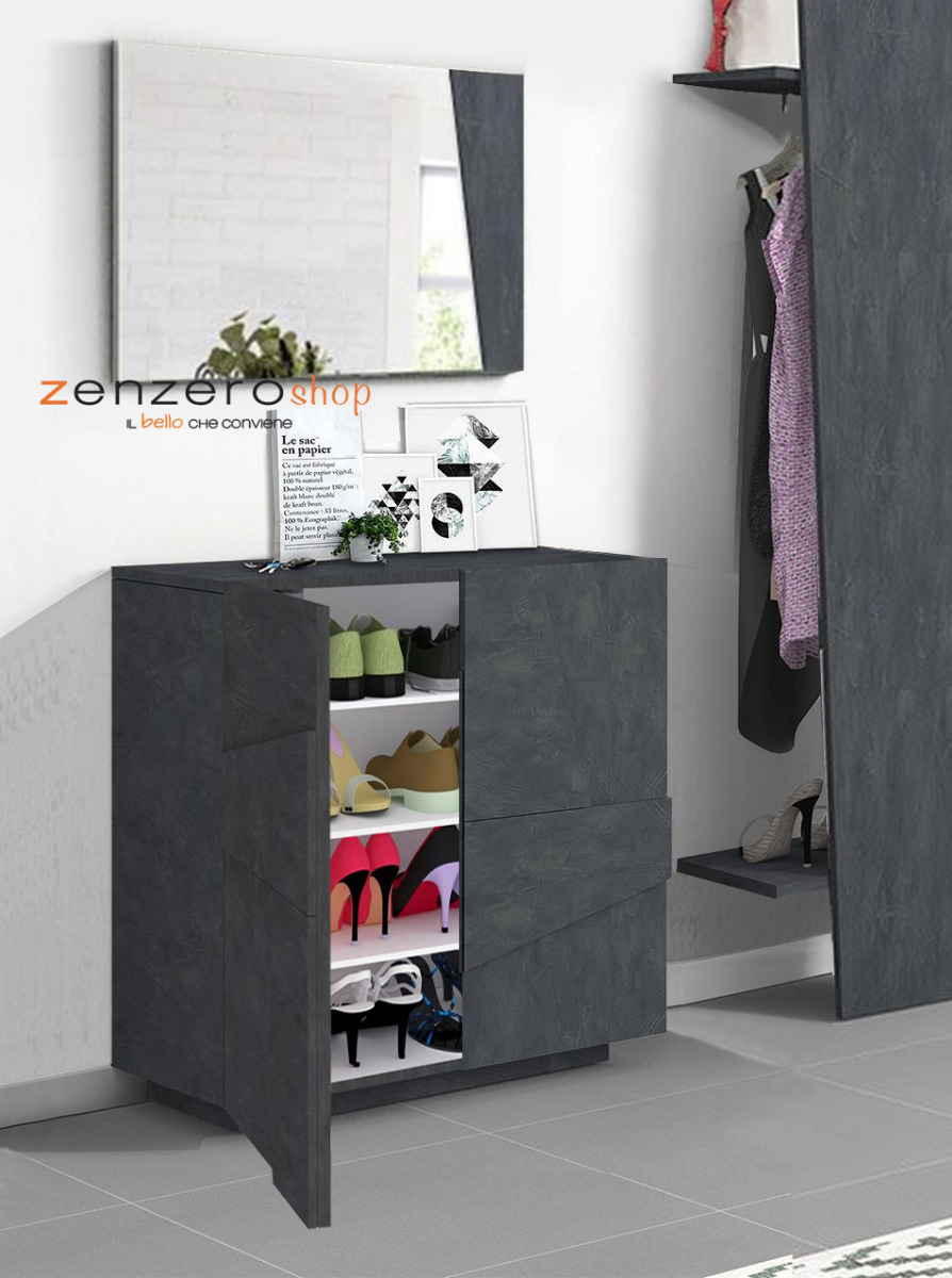 Moderna Scarpiera a 2 ante con disegni geometrici in finitura Ardesia, Made in Italy