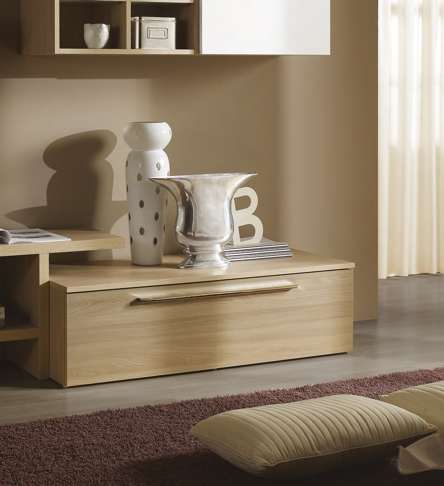 Parete attrezzata finitura Olmo Perla, frontali e elemento sospeso in Bianco Seta