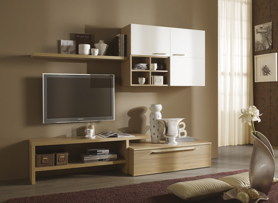 Parete attrezzata finitura Olmo Perla, frontali e elemento sospeso in Bianco Seta