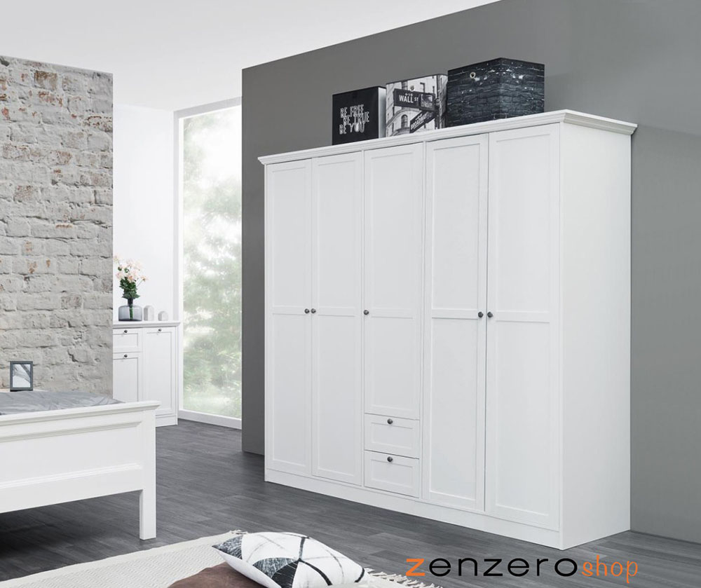 Armadio battente di design con 5 ante e 2 cassetti, finitura bianca Zenzero Shop