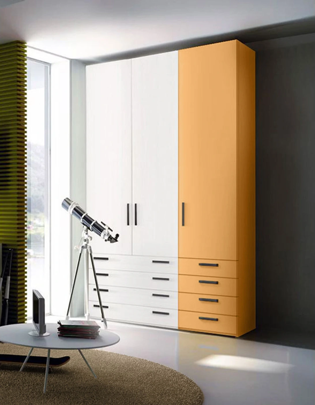 Armadio moderno L.151 a 3 ante e 8 cassetti H.257, finitura Bianco Opaco e Miele