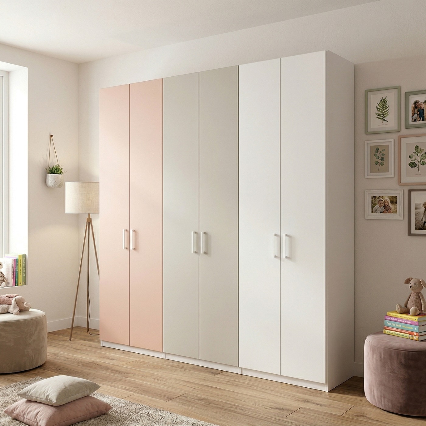 Armadio camerette a 6 ante, Flamingo, Gesso e Bianco opaco, L.270